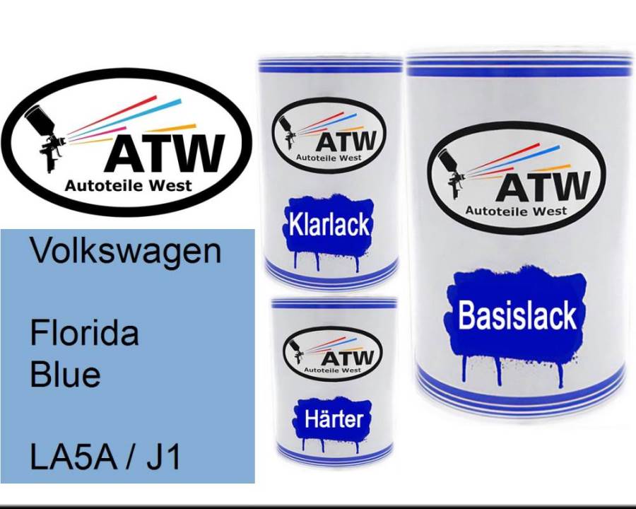 Volkswagen, Florida Blue, LA5A / J1: 500ml Lackdose + 500ml Klarlack + 250ml Härter - Set, von ATW Autoteile West.